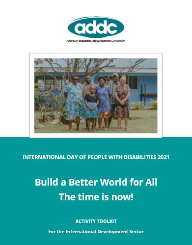 Front page of 2021 IDPD Toolkit featuring members of the Vanuatu Disability Promotion & Advocacy Association (VDPA) stand side by side